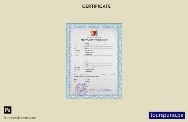 listo para imprimir plantilla PSD de certificado de matrimonio de Singapur